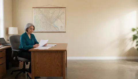 Une femme travaille dans un bureau moderne et lumineux, entourée de documents et d'une carte ancienne sur le mur.