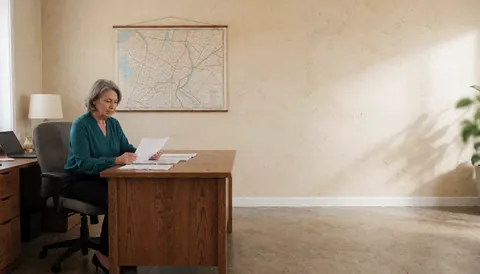 Une femme travaille dans un bureau moderne et lumineux, entourée de documents et d'une carte ancienne sur le mur.