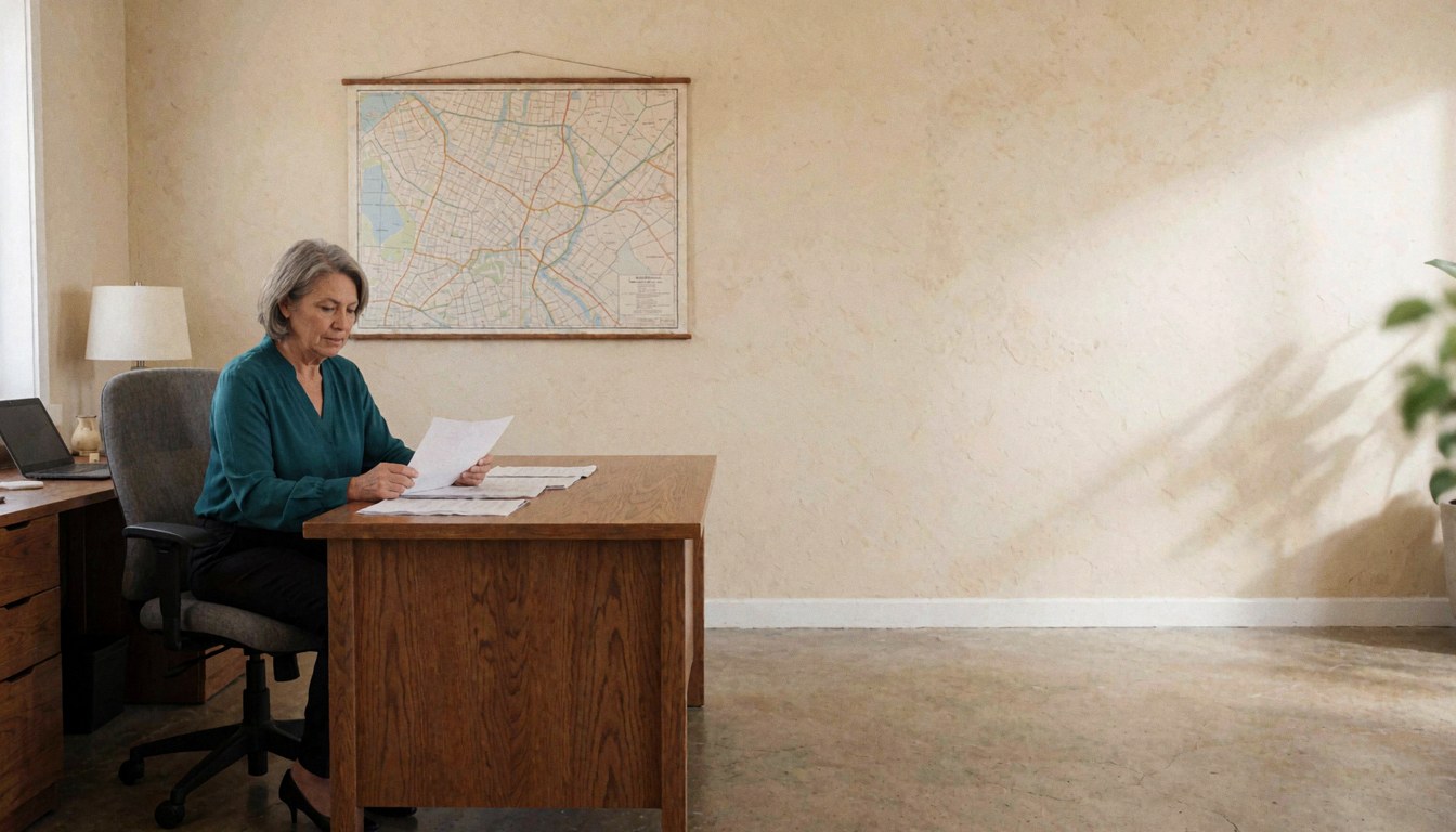 Une femme travaille dans un bureau moderne et lumineux, entourée de documents et d'une carte ancienne sur le mur.