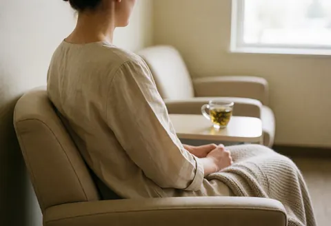 Une femme assise sur une chaise confortable, enveloppée d'une mante douce, tenant une tasse de thé devant une fenêtre laissant entrer la lumière naturelle.