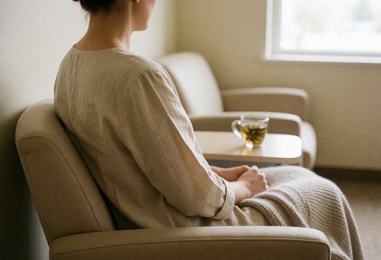 Une femme assise sur une chaise confortable, enveloppée d'une mante douce, tenant une tasse de thé devant une fenêtre laissant entrer la lumière naturelle.