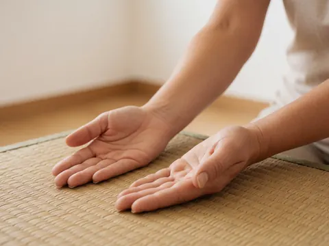 Les mains ouvertes en posture de réception, posées sur une surface en bois clair, évoquant la relaxation et le bien-être.