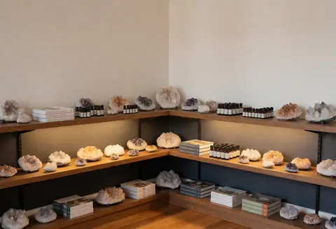 Étagère en bois contenant des cristaux, des livres et des huiles essentielles dans un centre de bien-être aux murs gris et au sol en bois.