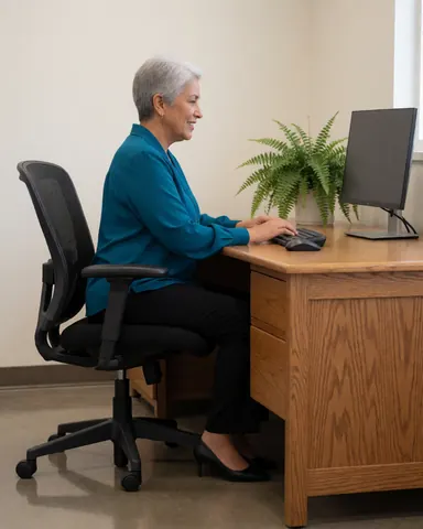 Une femme assise à un bureau en bois dans un bureau moderne, utilisant un ordinateur avec une plante verte à proximité.