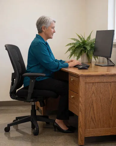 Une femme assise à un bureau en bois dans un bureau moderne, utilisant un ordinateur avec une plante verte à proximité.