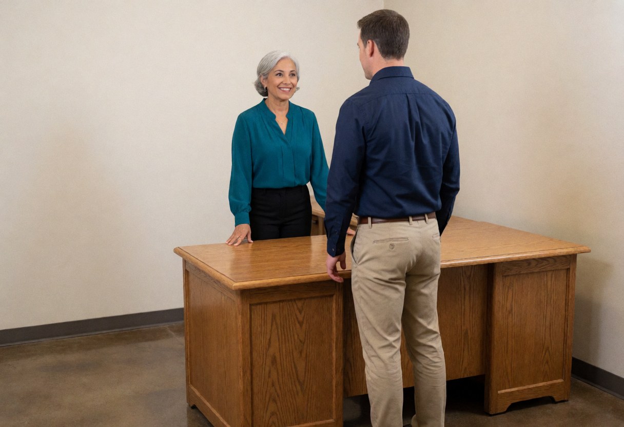 Une femme sourit en assistant un homme dans un bureau moderne avec un bureau en bois, illustrant un service professionnel.