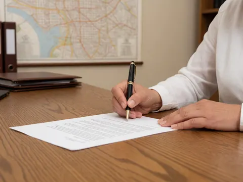 Une main tenant un stylo pour signer un document sur un bureau en bois avec une carte et des dossiers en arrière-plan.