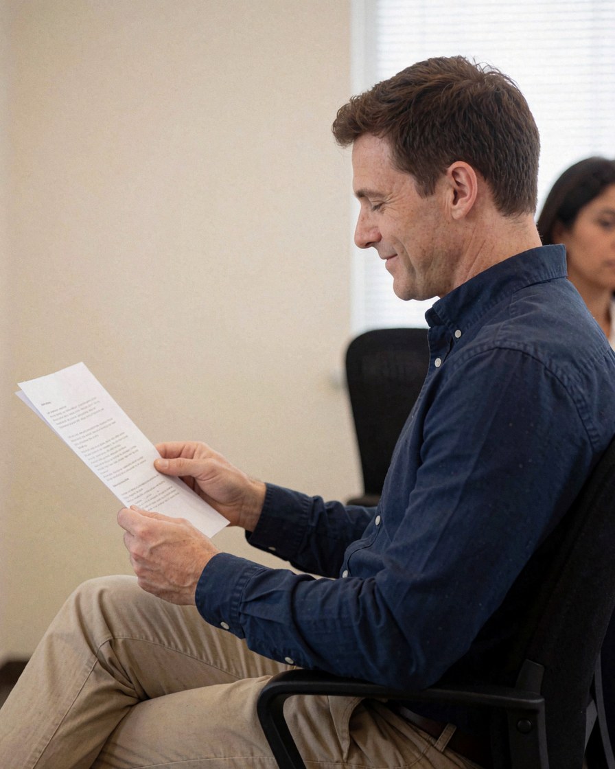 Un homme et une femme sourient en tenant un document dans un bureau, illustrant la satisfaction client.