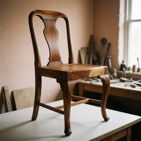 Chaise en cèdre restaurée avec une finition mate exposée dans un atelier de réparation de meubles.