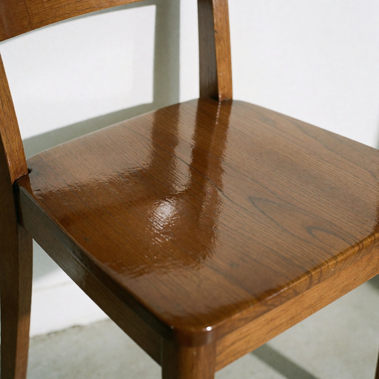 Vue rapprochée d'une chaise en bois verni brillant, mettant en évidence la finition lisse et le travail de restauration des meubles.