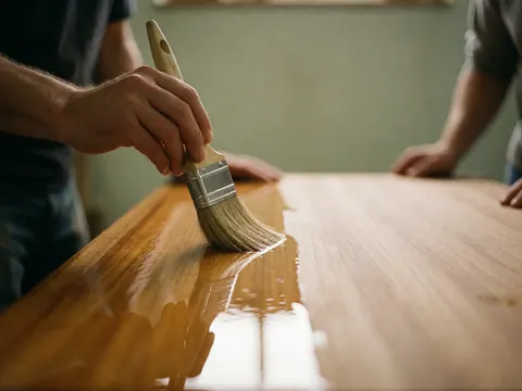 Une main applique du vernis sur une surface en bois avec un pinceau pour créer un brillant dans un atelier.