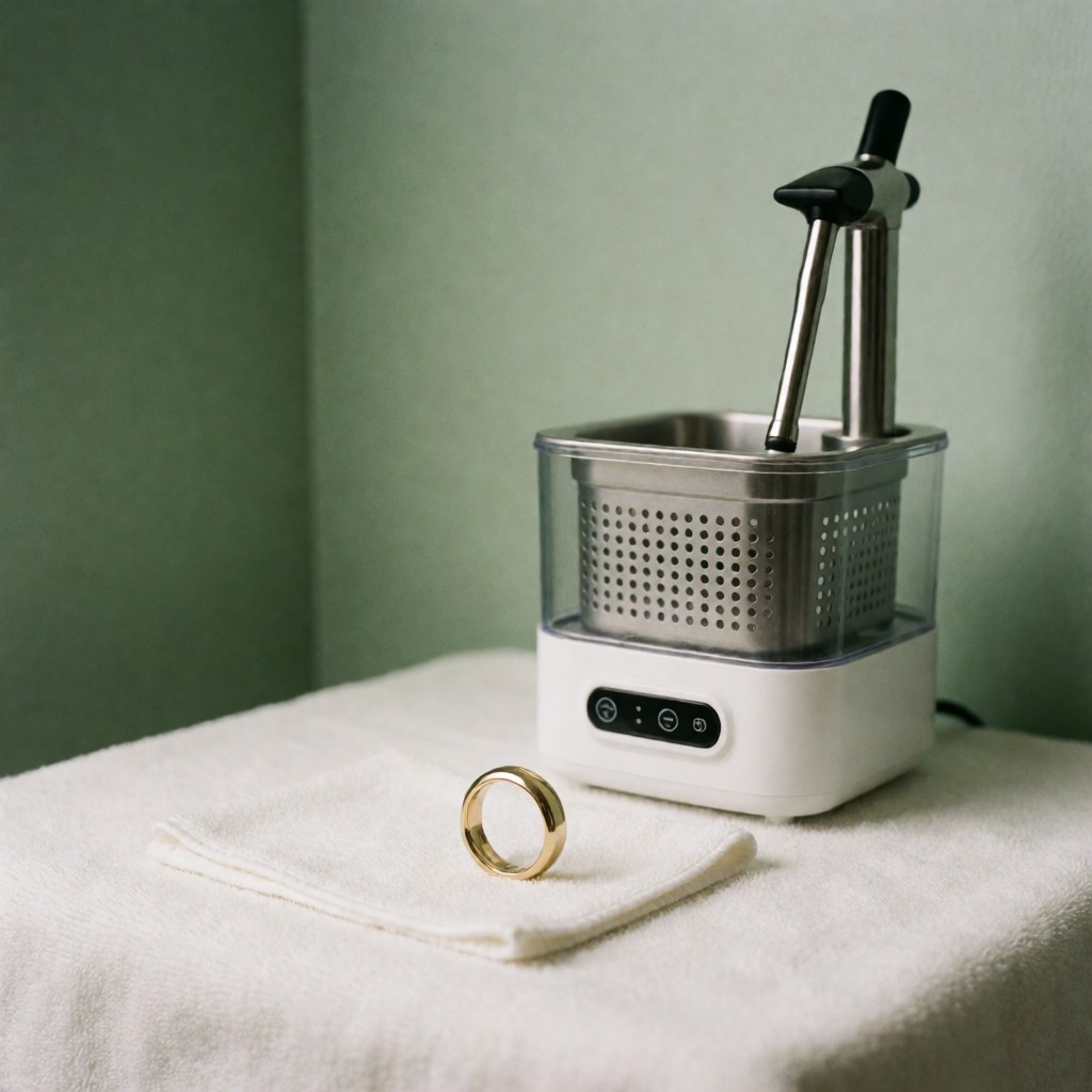 Une bague en or poli posée sur un tissu blanc, à côté d'un nettoyeur à ultrasons, sur un fond vert pâle, pour présenter des services de réparation de bijoux.