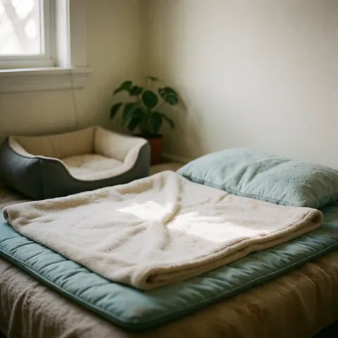 Un lit pour chien sur une couverture blanche dans un espace calme avec une plante et une lumière naturelle sur un mur blanc.