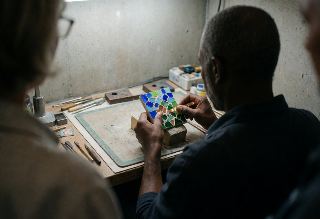 Vue arrière d'un artisan travaillant sur un panneau de marbre décoratif avec du cuivre, des outils et des matériaux dans un atelier aux murs de béton.