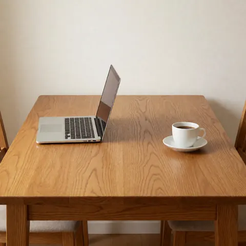 Vue de dessus d'une table en bois clair et lisse, prête à recevoir un ordinateur portable ou d'autres objets pour le travail ou la restauration.