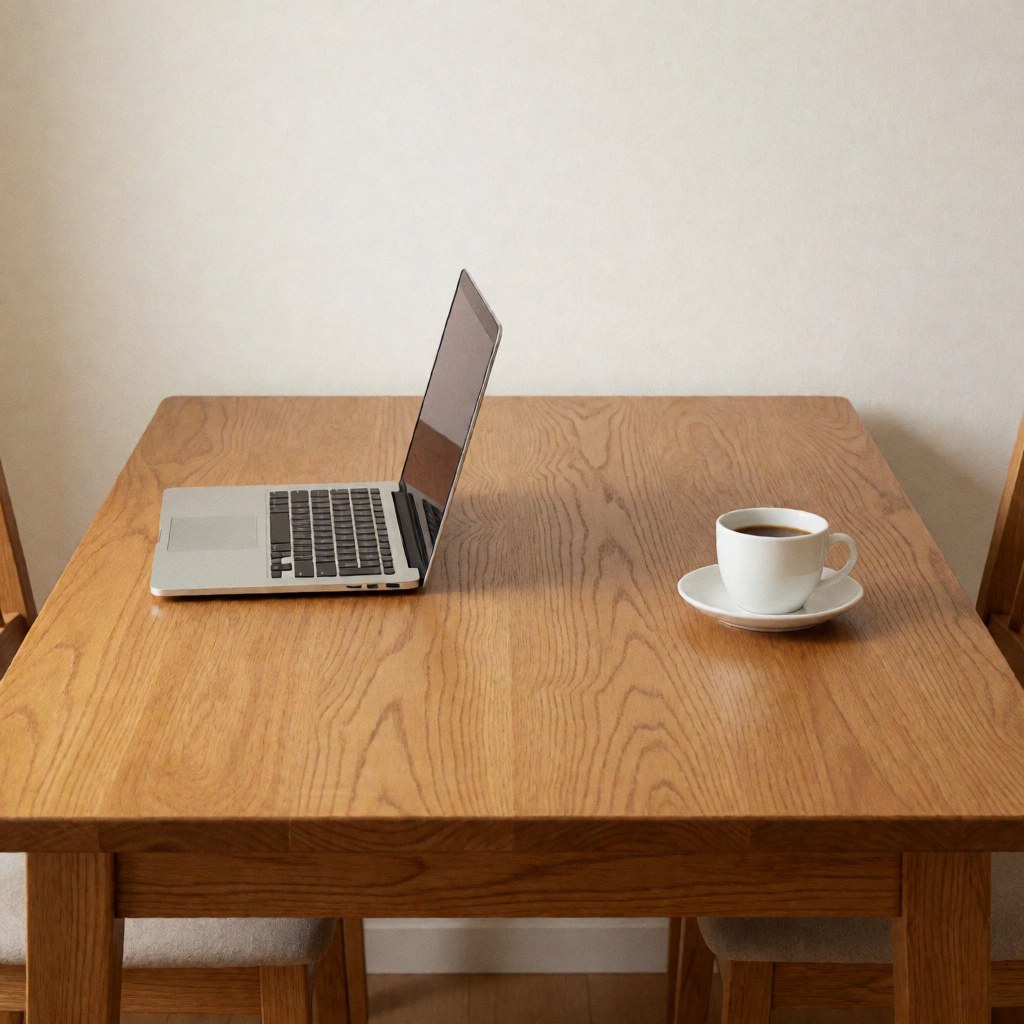 Vue de dessus d'une table en bois clair et lisse, prête à recevoir un ordinateur portable ou d'autres objets pour le travail ou la restauration.