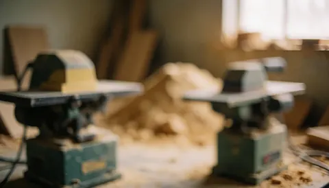 Arrière-plan de l'intérieur d'un atelier de menuiserie avec des outils et des matériaux de bois visibles pour l'ajout de texte