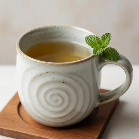 Tasse en céramique artisanale à motif spiral contenant du thé à la camomille et une feuille de menthe fraîche posée sur un coussin en bois sous une lumière douce et chaleureuse.
