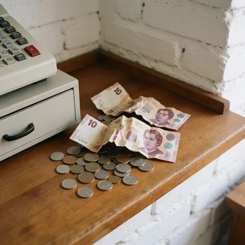 Une caisse enregistreuse vintage posée sur une surface en bois avec des billets de dix pesos mexicains et des pièces d'argent, devant un mur de briques rouges.