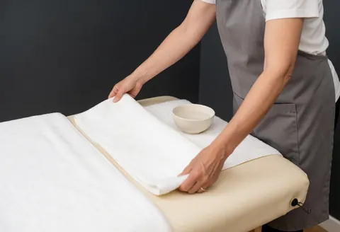 Un thérapeute reiki arrange une table de traitement avec des serviettes blanches et une tasse d'eau sur un fond gris carbone.