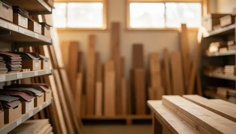 Entrepôt de bois avec des planches empilées, des boîtes de papier abrasif sur des étagères, une lumière chaude par les fenêtres, un fond flou, idéal pour des textes commerciaux.