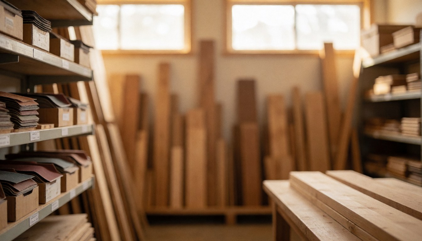 Entrepôt de bois avec des planches empilées, des boîtes de papier abrasif sur des étagères, une lumière chaude par les fenêtres, un fond flou, idéal pour des textes commerciaux.