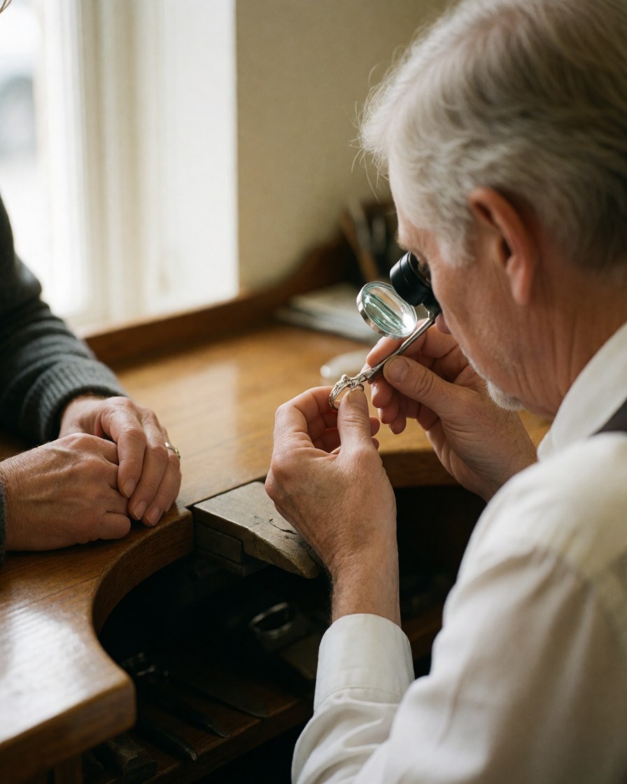 Un joaillier professionnel examine attentivement une bague en argent à l'aide d'une loupe dans son atelier, sous un éclairage naturel.