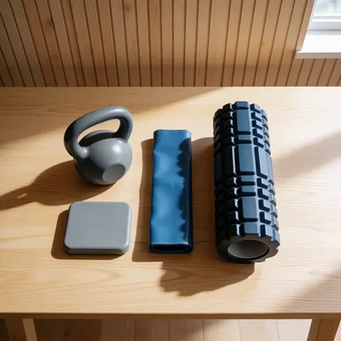 Kettlebell, tube de résistance et rouleau de massage sur une table en bois clair éclairée par la lumière naturelle.