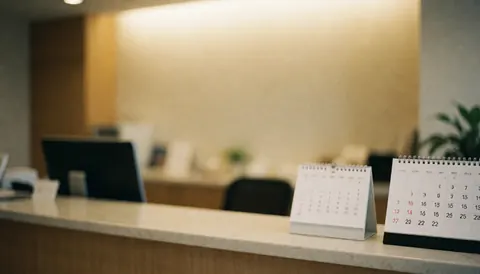 Escène de réception avec tables, calendriers et ordinateur, lumière chaude, idéal pour textes sur services administratifs.