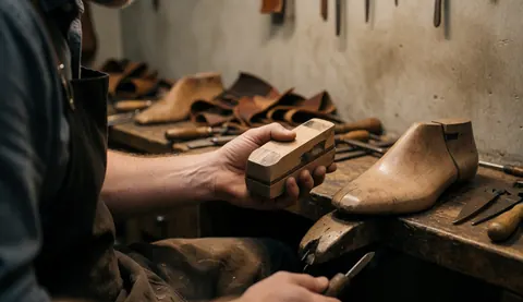 Cordonnier professionnel en atelier avec outils, montrant un bloc de bois et une chaussure en bois, lumière chaude, fond cuir et outils.