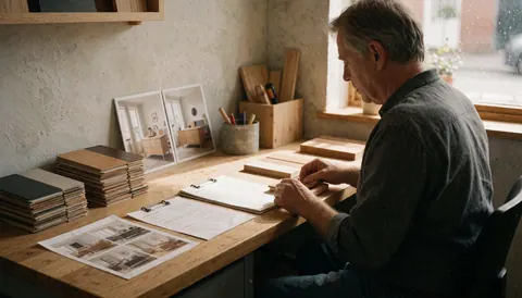 Un artisan répare des meubles dans un atelier lumineux avec des outils, des échantillons de bois et des photos de mobilier.