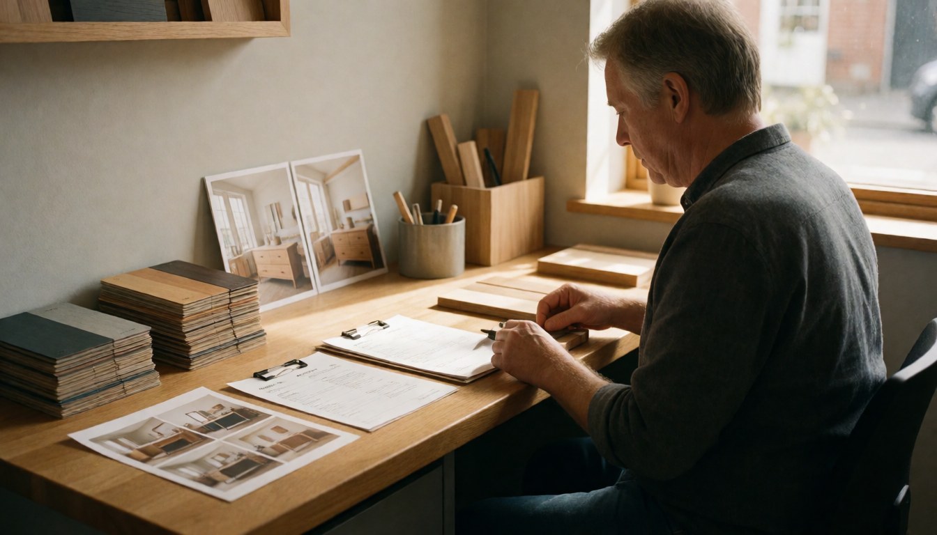 Un artisan répare des meubles dans un atelier lumineux avec des outils, des échantillons de bois et des photos de mobilier.