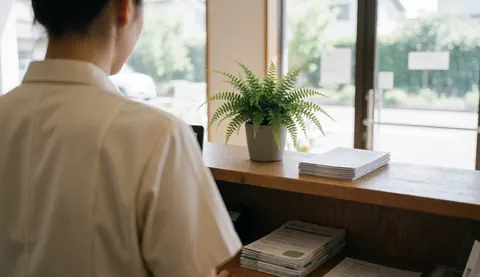 Dos d'une praticienne de réiki debout derrière un bureau en bois clair dans un espace lumineux et apaisant, avec des plantes vertes et une fenêtre laissant entrer la lumière naturelle.