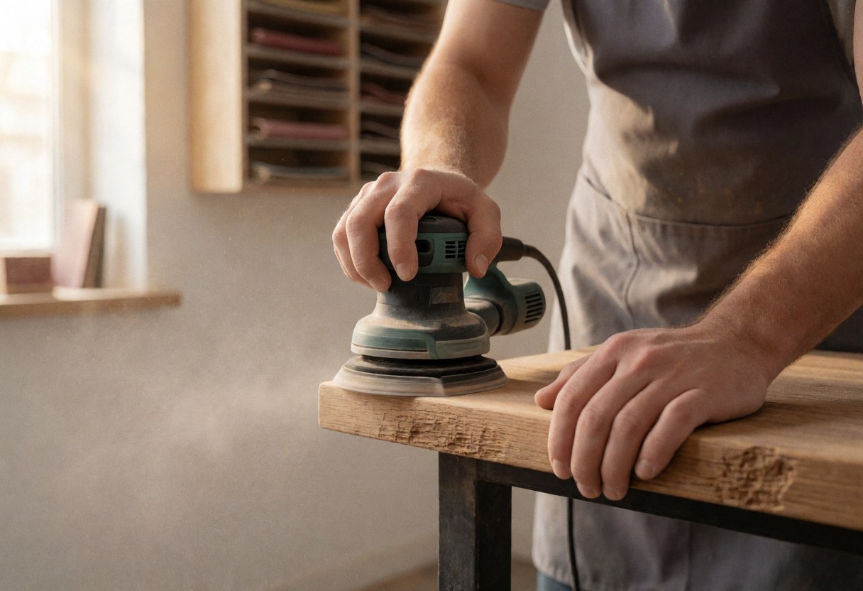 Un artisan effectue un ponçage minutieux sur une pièce en bois rustique dans un atelier bien éclairé par la lumière naturelle.