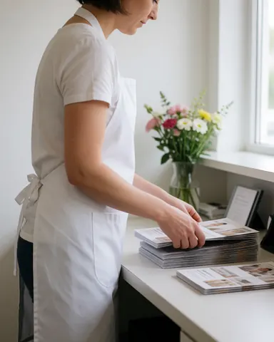 Espace d'accueil organisé avec brochures sur une table, un vase de fleurs et une fenêtre laissant entrer la lumière naturelle pour inspirer calme et bien-être.