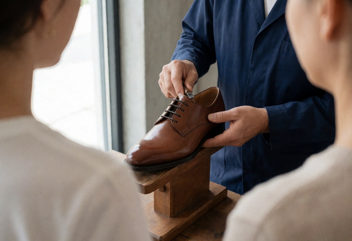 Un artisan applique de la cire sur une chaussure en cuir marron dans un atelier, assurant un entretien professionnel du cuir.
