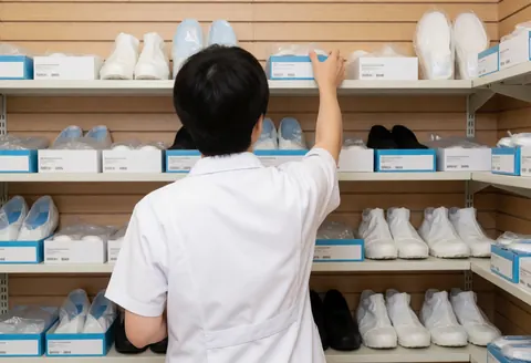 Étagères en bois remplies de chaussures et de fournitures médicales dans un entrepôt de podologie, illustrant l'organisation et le professionnalisme.