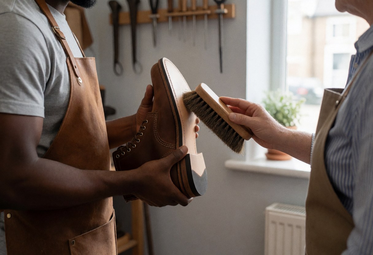 Un professionnel effectue un service de nettoyage dans un atelier, mettant en œuvre ses compétences pour entretenir les chaussures.