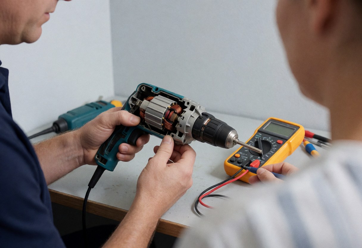 Technicien utilisant un multimètre pour diagnostiquer le moteur d'une perceuse électrique dans un atelier de réparation d'outils.