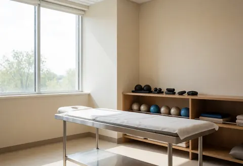 Salle de kinésithérapie moderne et propre avec table en acier inoxydable, boules de thérapie sur étagère en bois, murs beige et fenêtre avec lumière naturelle.
