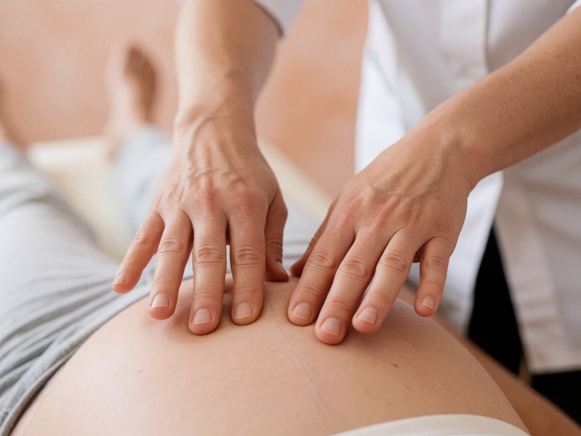 Les mains d'un thérapeute effectuant une séance de reiki sur l'abdomen d'une future mère, baignées de lumière naturelle avec un fond doux mettant en valeur la délicatesse du geste.