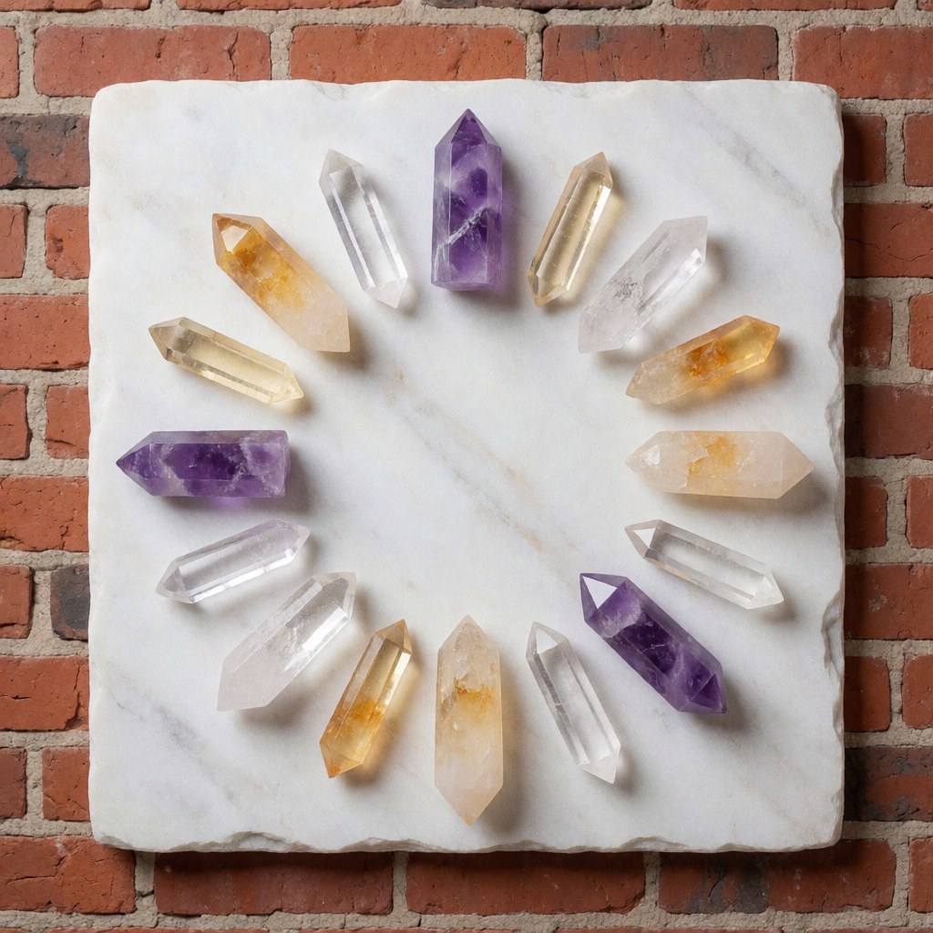 Ametrine, citrine et quartz disposés en cercle sur une pierre blanche avec un mur de briques rouges en arrière-plan pour la méditation.