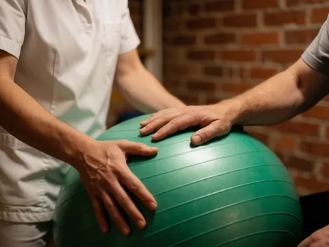Physiothérapeute en uniforme blanc stabilisant une balle verte tenue par un patient dans une salle aux murs de briques, focus sur les mains et la texture.