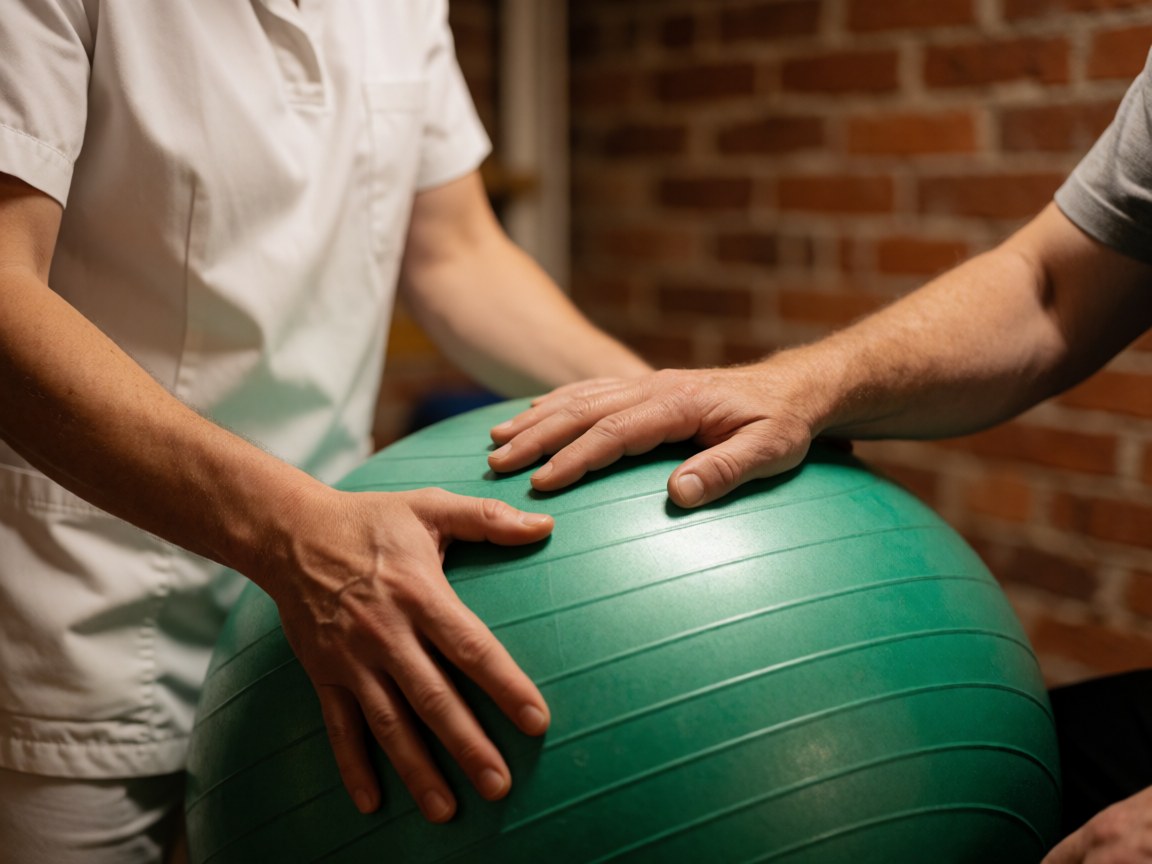 Physiothérapeute en uniforme blanc stabilisant une balle verte tenue par un patient dans une salle aux murs de briques, focus sur les mains et la texture.