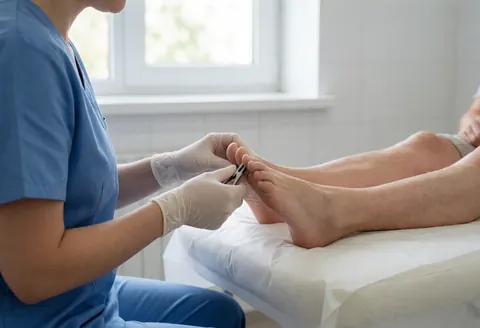 Podologue avec des gants utilisant des pinces sur le pied d'un patient allongé sur une table blanche dans une clinique aux murs carrelés et à la lumière naturelle.