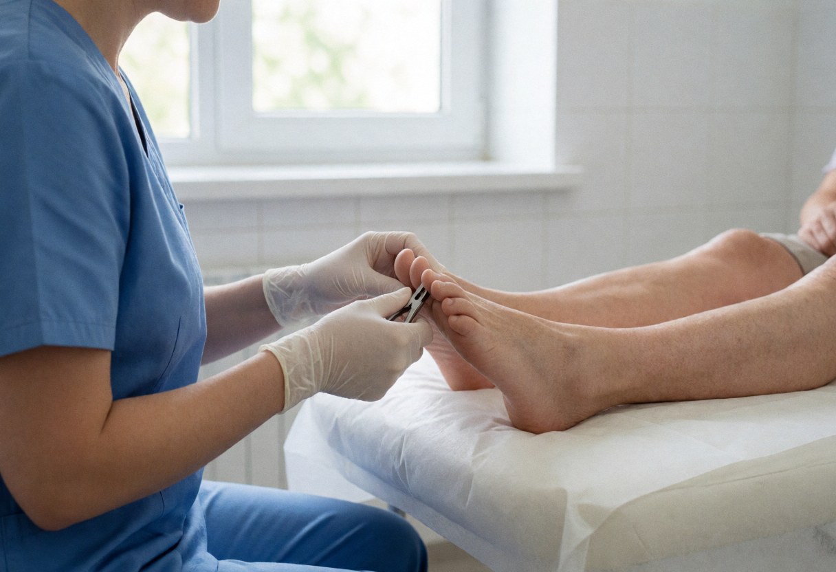 Podologue avec des gants utilisant des pinces sur le pied d'un patient allongé sur une table blanche dans une clinique aux murs carrelés et à la lumière naturelle.