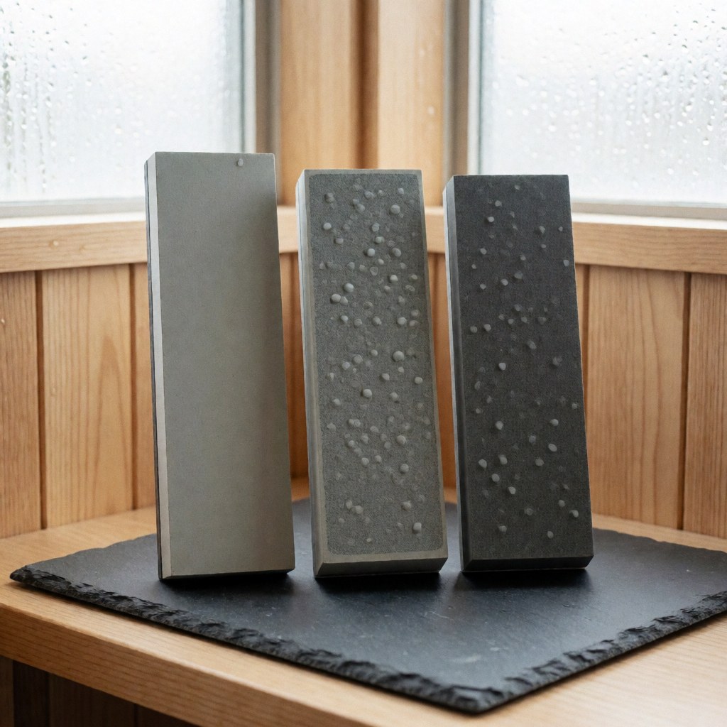 Trois pierres à affiler rectangulaires de différentes granulométries, parsemées de gouttes d'eau brillantes, posées sur une surface en ardoise sombre, éclairées par une lumière naturelle diffuse.