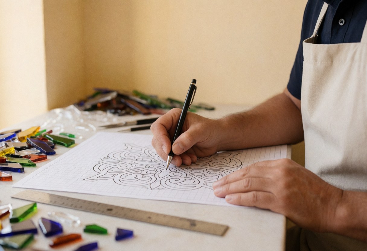 Un artisan dessine un motif décoratif sur papier quadrillé, entouré de fragments de verre et d'une règle sur une table en bois.