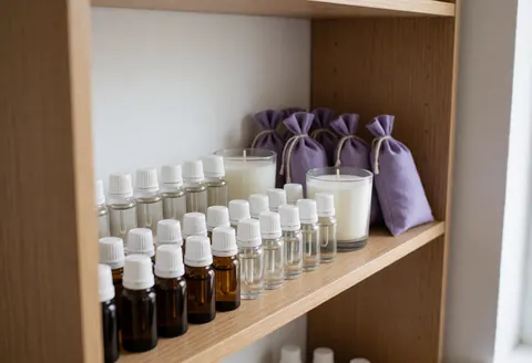 Étagère en bois contenant des bouteilles d'huiles essentielles, des bougies blanches et des sachets de lavande violette. Scène propre et professionnelle pour l'aromathérapie.