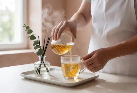 Un thérapeute prépare un thé détox avec des ingrédients naturels comme la carotte et l'eucalyptus dans un cadre professionnel et apaisant.